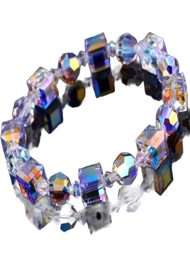 CACALOSS Crystal Bracelet for Women Fashion 7 Inch Approximately Rainbow Sparkling Crystal Bracelet with Adjustable Elastic Cord (Purple) - Image 1